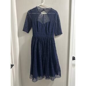 ML Monique Lhuillier‎ Navy Lines Dress 4 Half Sleeve Cut Out Back Sweetheart